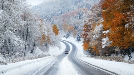 Fototapeta premium A car driving along a winter road surrounded by beautiful nature, with autumn colors still visible on the mountain landscape.