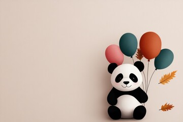 birthday celebration, colorful panda with birthday balloons in a whimsical forest, amidst falling autumn leaves, all in watercolor