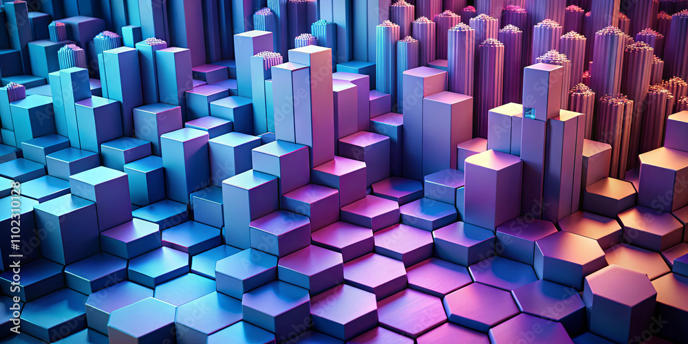 Poster Multiple hexagonal and cubic shapes create a complex, colorful landscape with a blend of blues and purples, showcasing intricate depth and illumination at dusk
