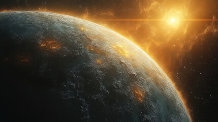 Fototapeta premium Vibrant view of a distant planet illuminated by a bright sun in deep space during a cosmic event. Generative AI