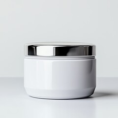 Sleek White Cosmetic Jar with Silver Lid on Minimalist Surface Perfect for Skincare, Beauty Products, or Fine Creams in Modern Aesthetic Environment