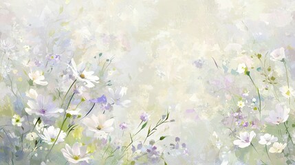 Gentle brushstrokes create a dreamy backdrop for a profusion of delicate white and purple flowers, evoking a sense of tranquility and natural beauty in this abstract floral painting