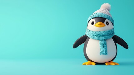Fototapeta premium 3d rendering of a cute cartoon penguin wearing a blue woolen hat and scarf, standing on a turquoise background, creating a cheerful winter scene