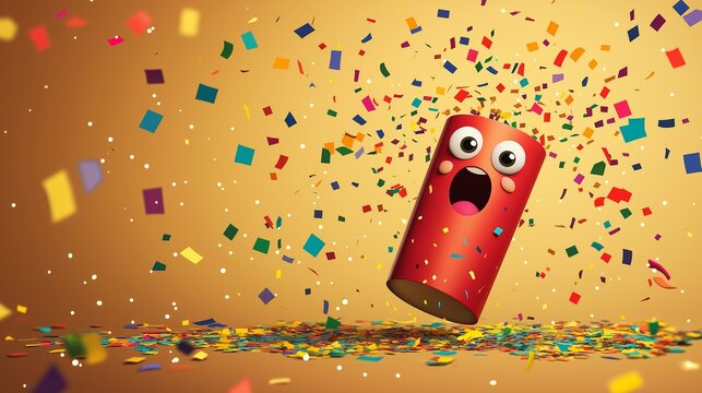 Surprised cartoon firecracker is exploding, throwing colorful confetti everywhere on a gold background, creating a festive and joyful atmosphere