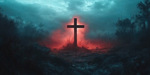 Fototapeta premium cross silhouette with dramatic sky and radiant light behind spiritual and inspirational atmosphere