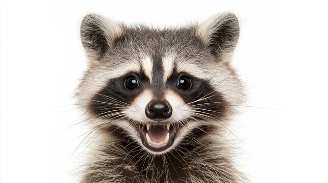 Headshot of a curious raccoon showing its teeth on a white background, creating a captivating and humorous image perfect for wildlife and nature projects