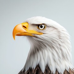 Obraz premium Majestic Close-Up of an Eagle with Intense Gaze and Striking White Head Feathers, Captivating Yellow Beak Against Soft Neutral Background