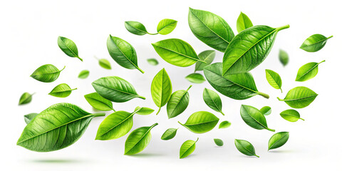 Various green leaves are scattered in the air, showcasing different shapes and sizes. The backdrop is bright, enhancing the freshness and vitality of the leaves