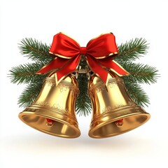 Christmas golden bells with a red bow and pine branches,  on a white background..