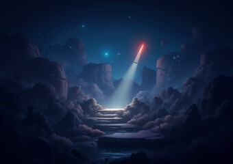 Mysterious alien landscape with a glowing rocket ascending through a starry night
