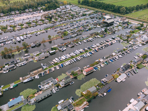 Aerial View of Houses on Loosdrechtse Plassen Lake with Islands and Canals. Scheendijk, Netherlands