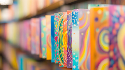 Fototapeta premium Colorful Book Covers Bookstore Display Abstract Designs Vibrant Rainbow Hues Reading