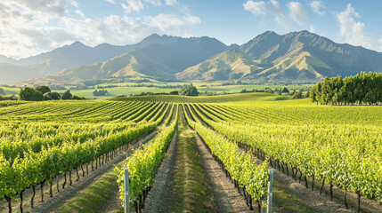 Fototapeta premium Marlborough vineyard rows growing with mountain range background