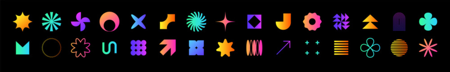 Set of minimalistic brutalist shapes in black outline, featuring stars, spirals, and other geometric elements to enhance modern decor.