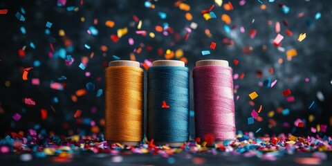 Vibrant spools of colorful threads surrounded by festive confetti on a dark moody background highlighted with a soft spotlight