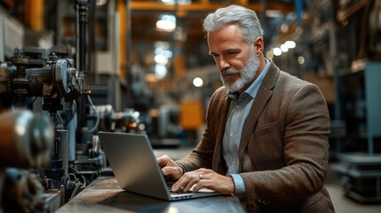 Mature Businessman Working on Laptop in Factory