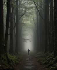 Lone Man Walking Through a Misty Forest