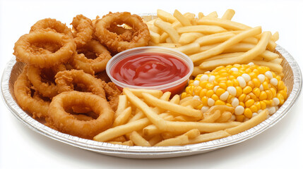 Sampler Plate with Onion Rings, Corn Nuggets, and Fries