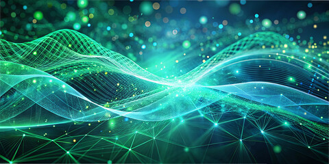 Colorful wave patterns create an enchanting visual experience. The intertwining lines and luminous particles emphasize depth and motion in this digital abstraction