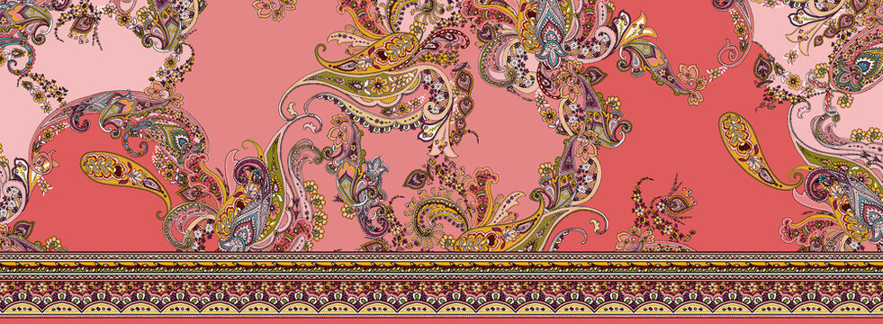 Seamless ethnic pattern of paisley and decorative floral branches. Indian motif.