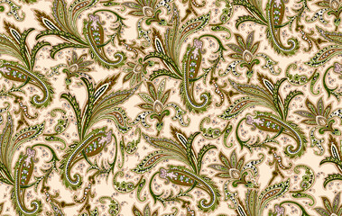 Seamless ethnic pattern of paisley and decorative floral branches. Indian motif.