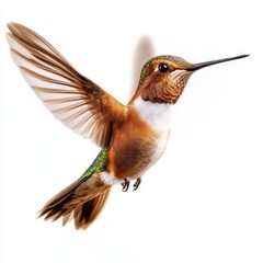 Fototapeta premium Beautiful Hummingbird in Mid-Flight Captured Against a Soft White Background Displaying Vibrant Colors and Intricate Wing Movement with Nature's Grace and Elegance