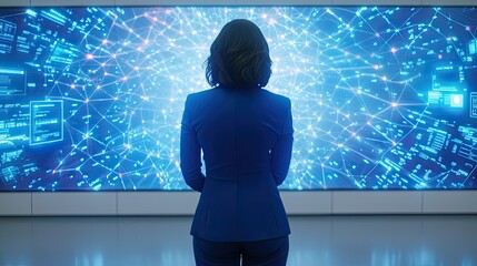 Professional woman in a blue suit gazing at a futuristic data visualization display with interconnected nodes and digital information in a modern workspace.