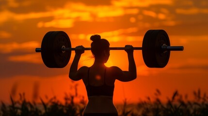 Silhouette of a fit woman lifting a barbell outdoors during a stunning sunset, symbolizing strength, determination, and fitness goals. AI generated.