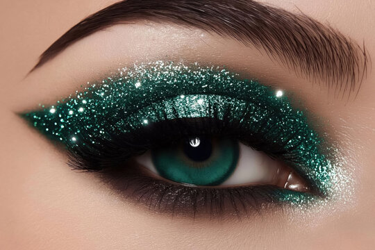 closeup of a woman's eye with emerald green eyeshadow and sparkling glitter for a glamorous look