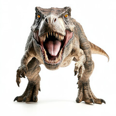 T-Rex roaring into the camera, body turned with face to the front, white background