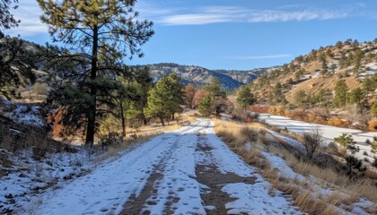 Fototapeta premium Scenic mountain trail blanketed in soft snow with pine trees beneath a clear blue sky