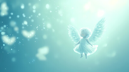 A soft, sky-blue background with a cute little angel. Cerulean. Illustration