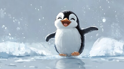 A cute cartoon penguin in a hat and scarf waddles through a winter wonderland of snow, ice, and Christmas trees