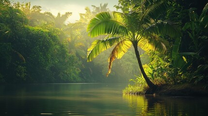 Serene Tropical Landscape Featuring a Single Palm Tree Beside a Calm River in a Lush Green Environment with Soft Morning Light Filtering Through Foliage