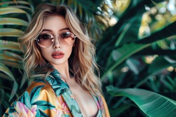 Blonde woman in elegant dress and sunglasses outdoors.