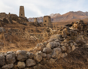 Ancient defensive towers in the mountains of Caucasus. Cmiti, North Ossetia, Russia