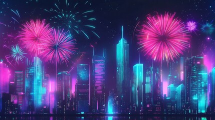 Neon-colored fireworks in pink, blue, and green exploding over a futuristic city with glowing buildings