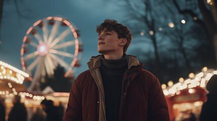 Evening Fair Scene with Ferris Wheel and Festive Atmosphere