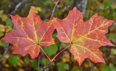 秋の紅葉に染まるカエデの葉が並ぶ自然の風景