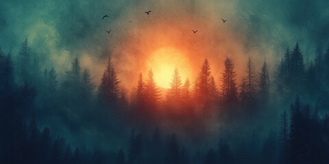 Naklejka premium Forest with trees and birds flying in the sky