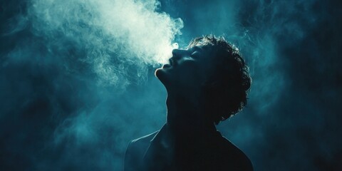 silhouette of a man exhaling smoke against a dark background soft dramatic lighting highlighting the smoke patterns clean and minimalistic composition