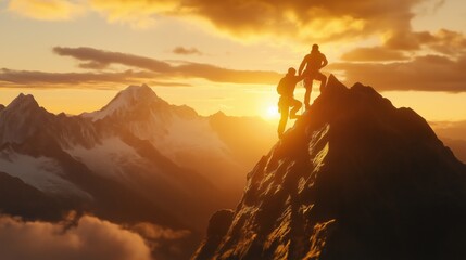 Naklejka premium Two climbers ascend a steep mountain at sunrise, embodying resilience and ambition