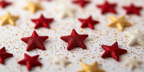 Minimalist design with red and golden stars scattered on a light surface simple holiday composition