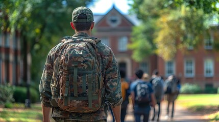 A veteran walks through the law school campus while students engage around the grounds