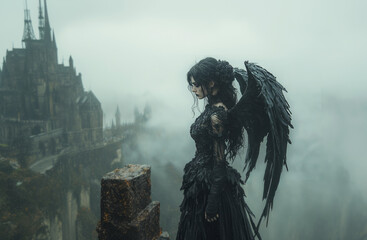 Fallen black angel with wings and fog. Sexual woman, fantasy art. AI generative