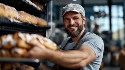 A cheerful baker wearing a cap and apron is seen organizing freshly baked bread on a shelf in a bustling bakery, showcasing his passion for his craft.