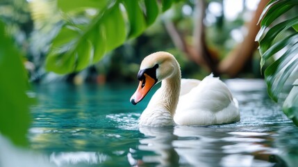 Obraz premium A serene swan swimming gracefully amidst vibrant green foliage, reflecting the peacefulness of nature in a calm, tranquil setting with soft light and gentle ripples.