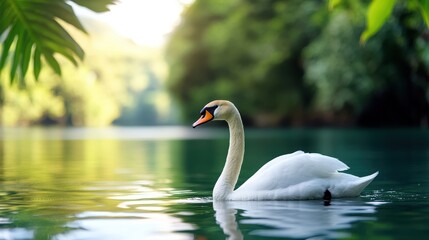 Obraz premium An elegant swan swimming serenely on lush green waters, surrounded by tranquil natural beauty, representing purity and the serene grace of wildlife in harmony.