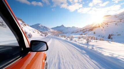 A vibrant red car cruises along a snowy mountain pass under the clear blue sky, capturing the essence of freedom and the spirit of exploration on a sunny day.