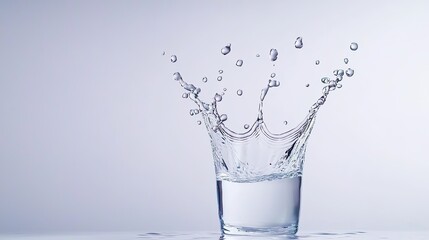 Water Splash in Glass Captured in Perfect Moment, Showcasing Dynamic Movement and Clear Reflections Against a Soft Gray Background for Visual Impact and Artistic Appeal